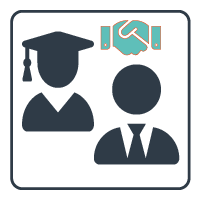 Student icon, person in suit icon and hand shake icon.