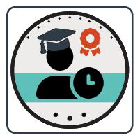 Certificate badge with student icon and clock icon in the centre
