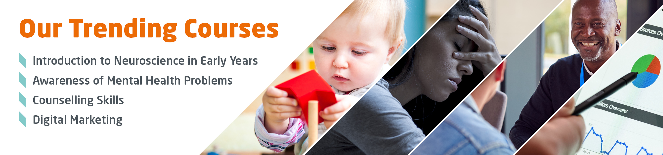 Our Trending Courses - Introduction to Neuroscience in Early Years, Awareness of Mental Health Problems, Counselling Skills, Digital Marketing.