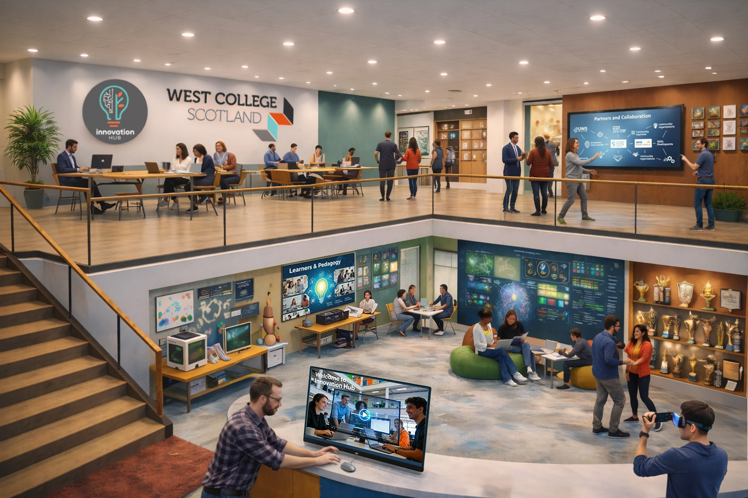 Modern West College Scotland Innovation Hub with learners working at tables, viewing digital screens, collaborating in groups